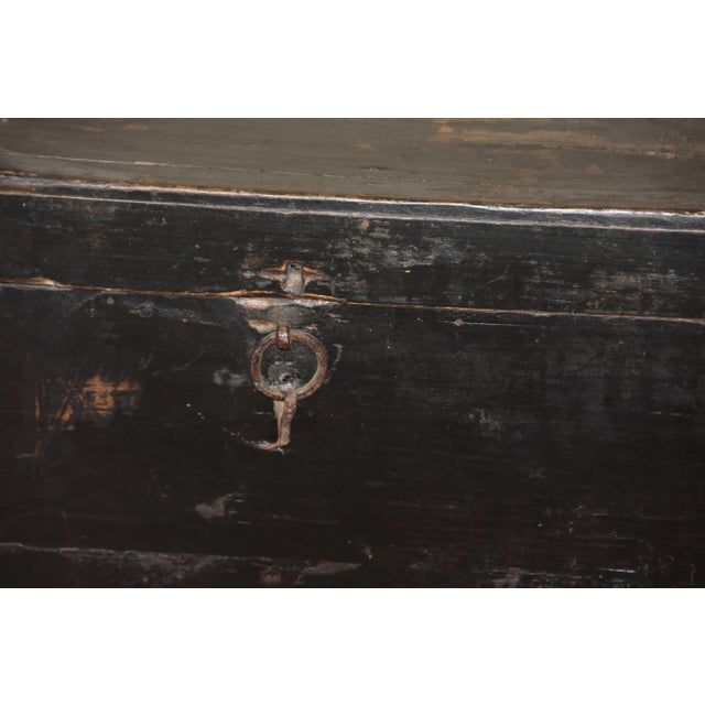 Wood Antique Chinese Lacquer Hand Painted Coffer Carved Elm Wood Chest/Trunk For Sale - Image 7 of 9