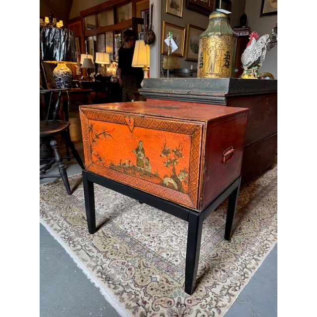 Orange Chinoiserie Hand Painted Metal Trunk on Custom Stand For Sale - Image 4 of 10