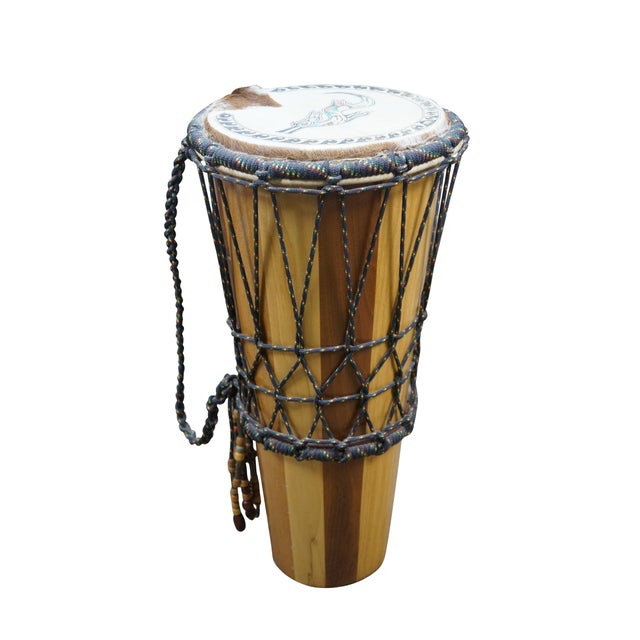 Tribal West African Ashiko Tribal Hardwood Goat Skin Rope Drum 22" For Sale - Image 3 of 14