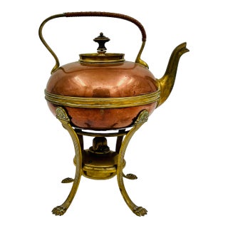 Antique 1886 Gorham Copper and Brass Kettle With Brass Lion Claw Foot Stand and Spirit Burner For Sale
