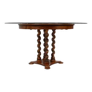 Late 20th Century Estate Carved Oak Pedestal Glass Top Table