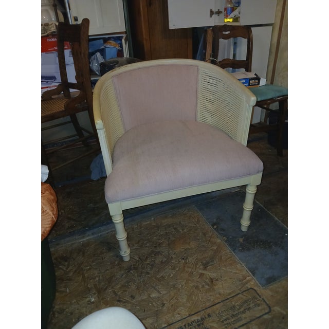 Mid 20th Century Cane Back Barrel Chair Whitewash Wood Pink Slub Linen Upholstery For Sale - Image 4 of 8