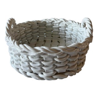 Vintage Italian White Woven Ceramic Basket For Sale