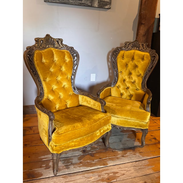 Yellow Mid 20th Century Victorian Tufted Velvet Chartreuse Wingback Chairs With Carved Wood Backs - Set of 2 For Sale - Image 8 of 11