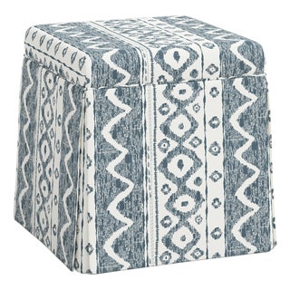 Dyer Skirted Storage Ottoman in Linny Ikat Slate For Sale
