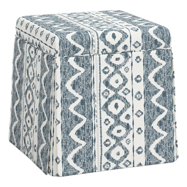 Dyer Skirted Storage Ottoman in Linny Ikat Slate For Sale