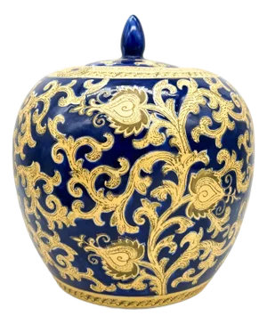 Large Cobalt Blue and Gold Lidded Ginger Jar, Chinese Porcelain, Late 20th Century - Chinoiserie, Hollywood Regency, Classic Elegance