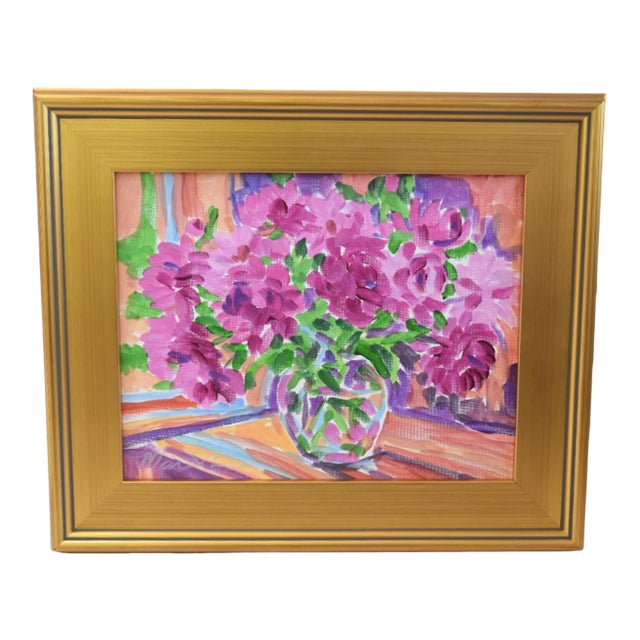 Impressionist Vase Colorful Floral Bouquet Painting Including the Antiqued Gold Wood Frame For Sale