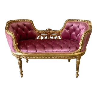 French Pink Velvet Tufted Bench For Sale