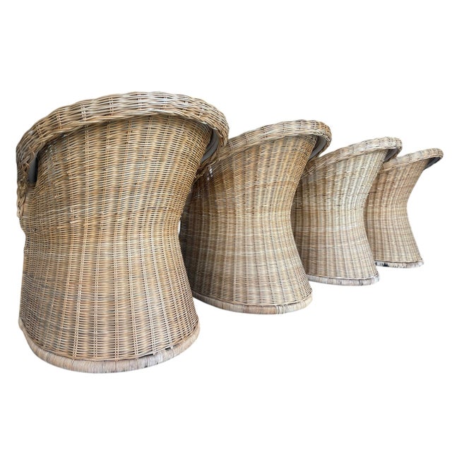 Late 20th Century Vintage Organic Modern Wicker Pedestal Dining Table & 4 Barrel Chairs, 48” Glass Top For Sale - Image 5 of 17