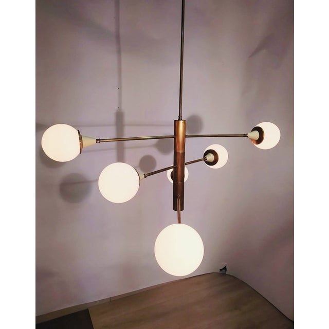 Mid-Century Brass Chandelier with 6 Opaline Spheres, Italy, 1960s For Sale - Image 13 of 14