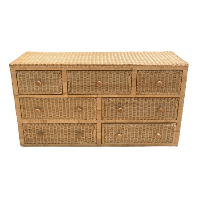 Boho Chic Natural Wicker 7 Drawer Double Dresser For Sale
