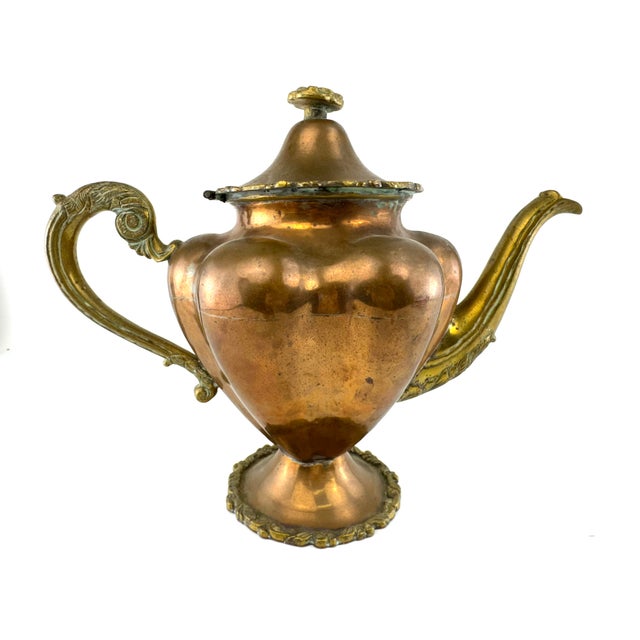 Vintage French Style Copper Teapot With Brass Handle & Hinged Lid For Sale - Image 9 of 11