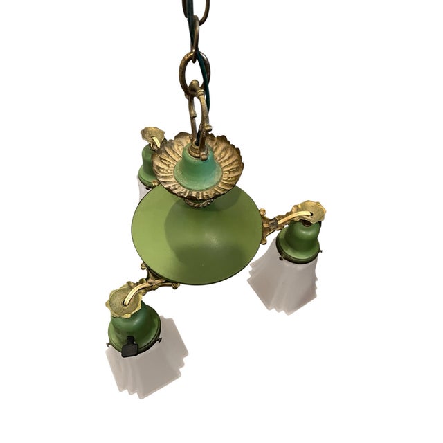 Antique Art Deco Brass Pan 3 Light Chandelier Ceiling Light 1920s Green & Gold For Sale - Image 10 of 12