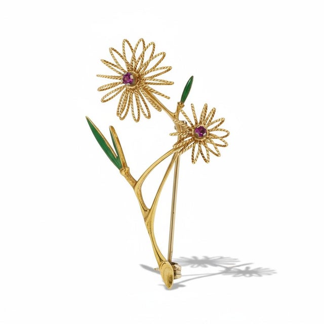 Mid-Century Modern 1970s 18k Yellow Gold Ruby and Enamel Floral Brooch Vintage Handcrafted Treasure For Sale - Image 3 of 9
