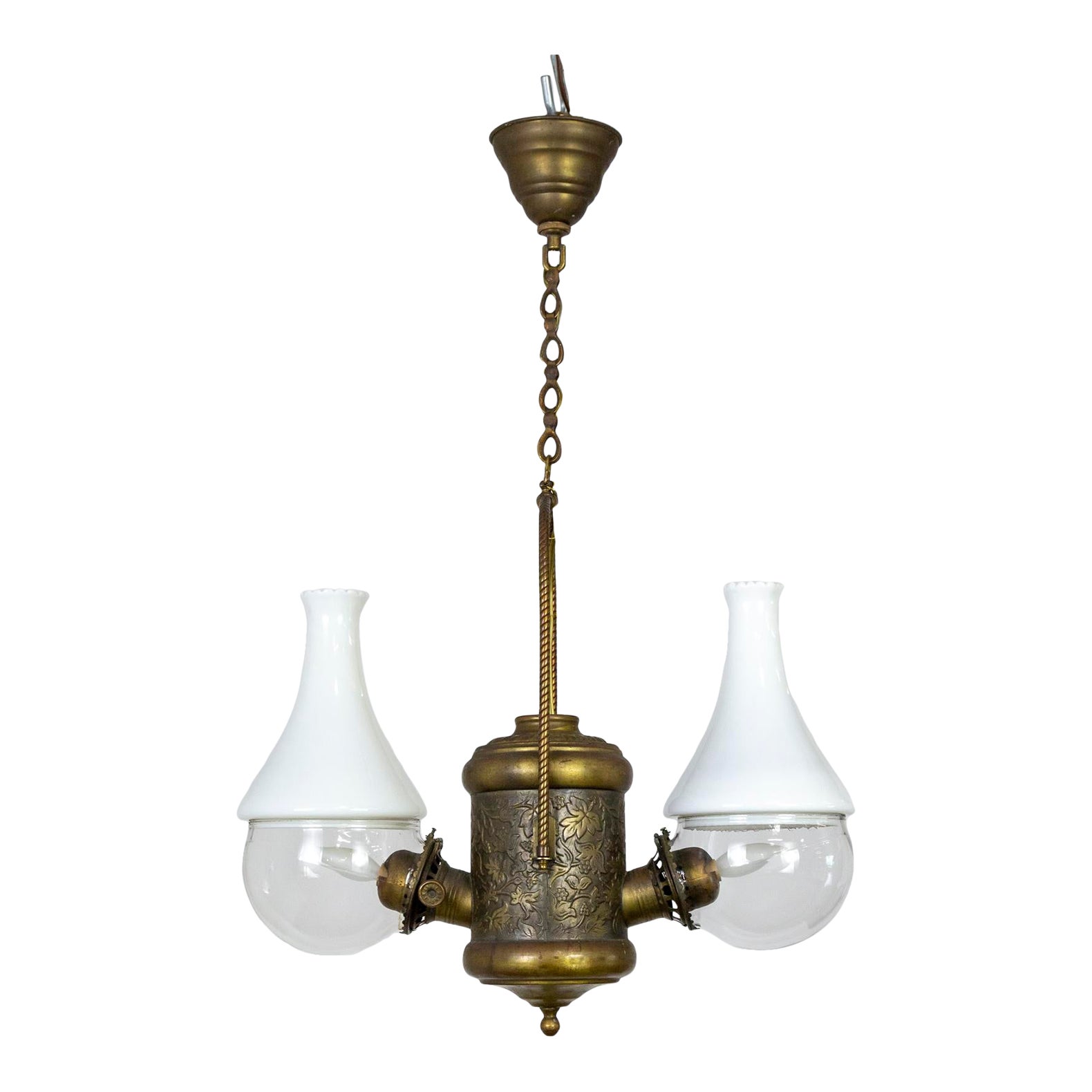 Late 19th Century Angle Lamp Co. Electrified Kerosene Brass & Glass 2Light Hanging Fixture