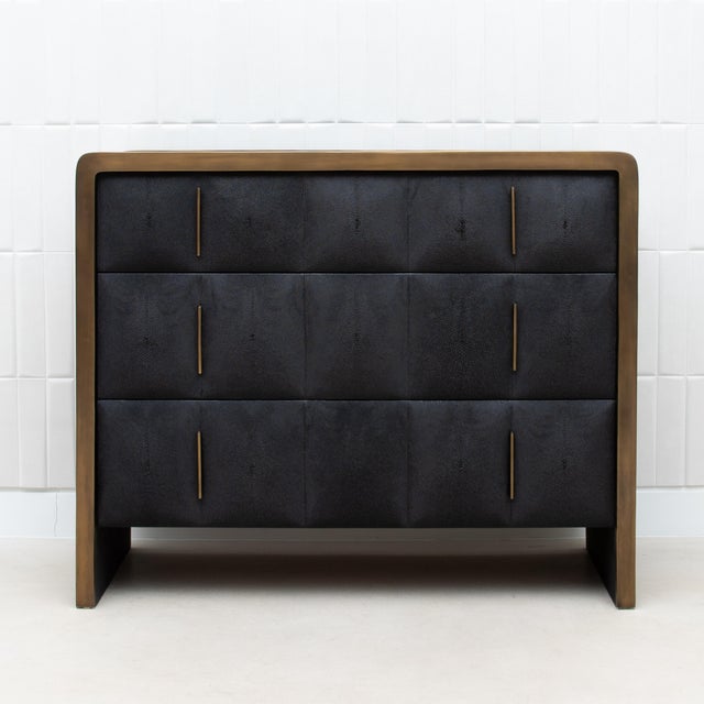 Mid-Century Modern Quilted Chest of Drawers in Shagreen With Bronze Patina Brass Details by R&y Augousti For Sale - Image 3 of 7