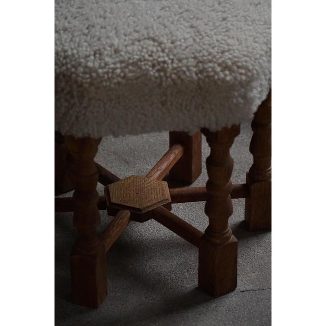 1950s Mid-Century Danish Oak Stools with Shearling Lambswool Upholstery, 1950s, Set of 2 For Sale - Image 5 of 15