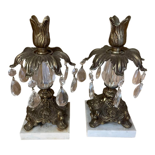 Antique Candleholders With Marble Bases- a Pair For Sale