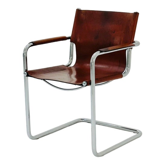 Bauhaus Italian Visitor Chair in Congac Leather by Marcel Breuer, 1980s For Sale