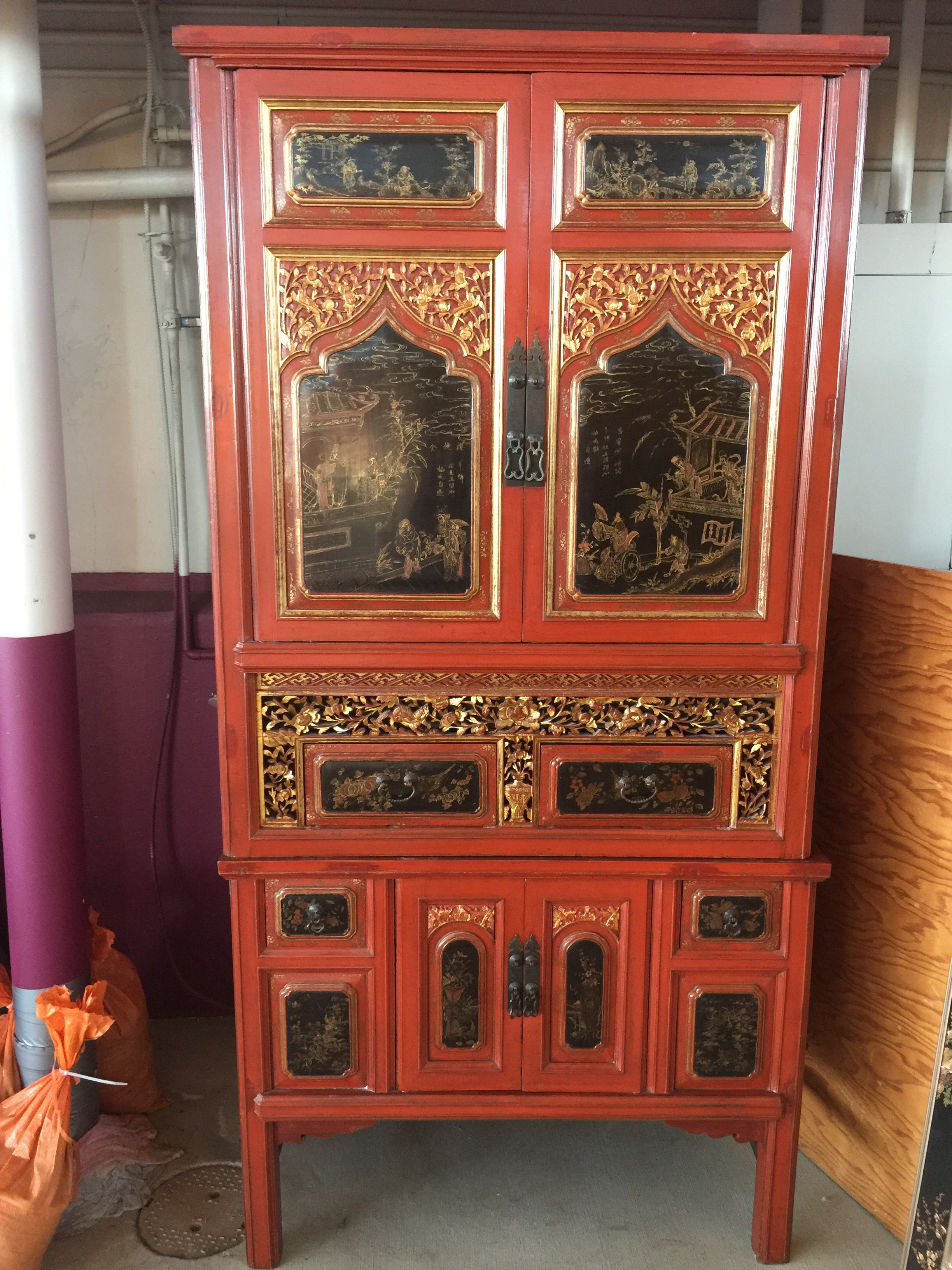 Chinese Antique Red Lacquered Carved Cabinet Bedroom Furniture Home Living