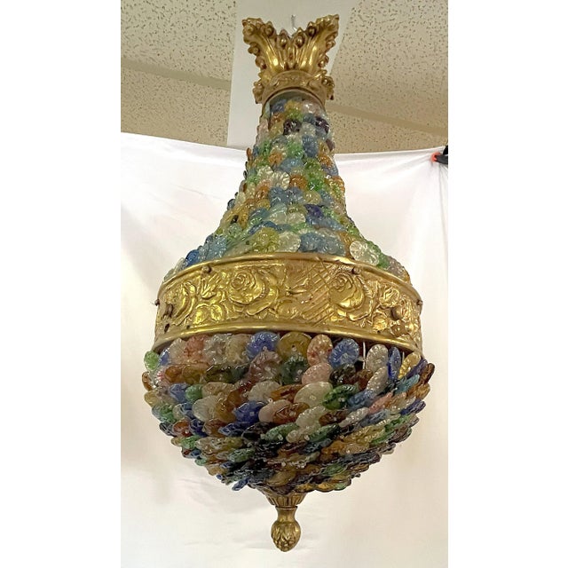 Mid 20th Century Vintage Neoclassical Art Deco Murano Glass Multicolor Rosette Chandelier For Sale - Image 5 of 12