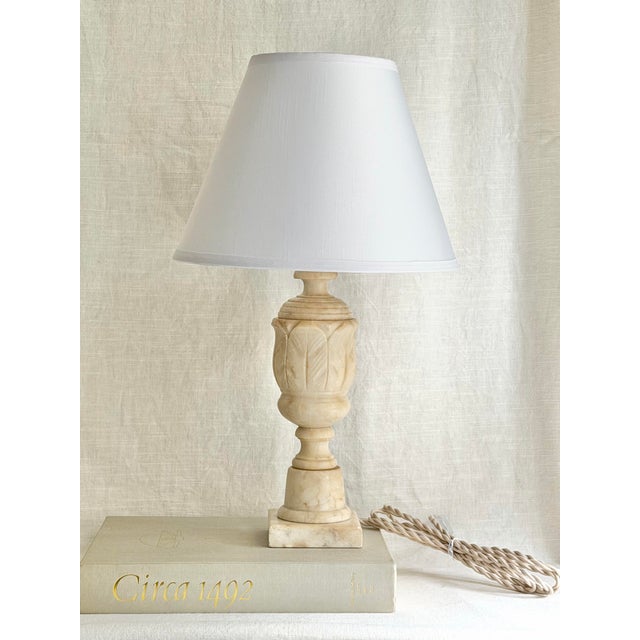 Vintage Italian Carved Alabaster Table Lamp With Linen Shade For Sale - Image 9 of 10