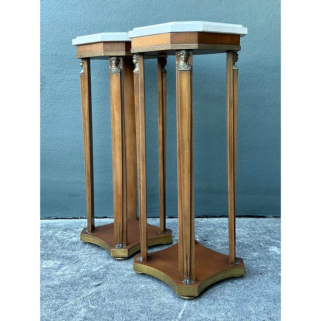 Mid-Century Modern Vintage Ormolu Stone Top Pedestals - A Pair For Sale - Image 3 of 12