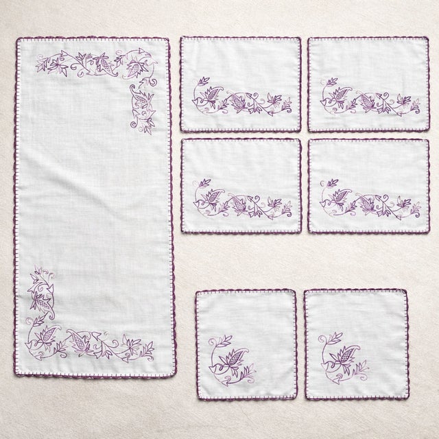 Hand-Embroidered Linen Tablecloths, 1940s, Set of 7 For Sale - Image 11 of 11