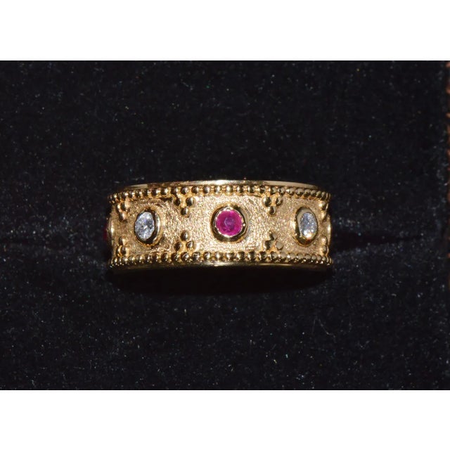 Gorgeous Natural Diamond Ruby 18K Solid Gold Byzantine Beaded Greek Ring Stacking Band, size 5.75 For Sale - Image 9 of 10