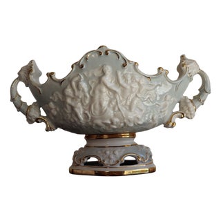 Baroque Gondola-Shaped Centerpiece in White, Light Blue and Gold Capodimonte Ceramic, 1950s For Sale