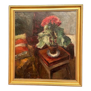 Elna Jacobsson, Cineraria in a Pot, 1960s, Oil Painting on Panel, Framed For Sale