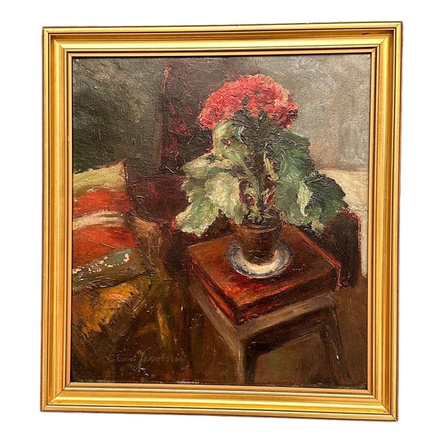 Elna Jacobsson, Cineraria in a Pot, 1960s, Oil Painting on Panel, Framed For Sale
