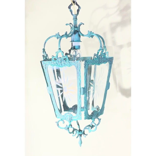 Antique Style Solid Brass Hanging Hallway Lantern W/ Etched Starburst Glass For Sale - Image 4 of 16