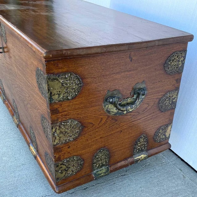 Mid 18th Century Indo-Portuguese Goan Brass Mounted Teak Storage Trunk on Wheels For Sale - Image 12 of 17