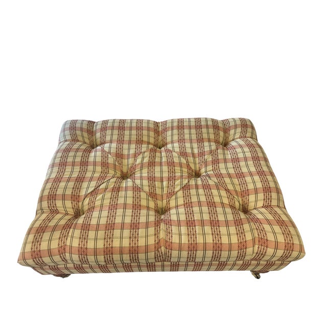English Manor Tufted Upholstered Ottoman Bench With Turned Walnut Legs & Brass Casters For Sale In Greensboro - Image 6 of 6