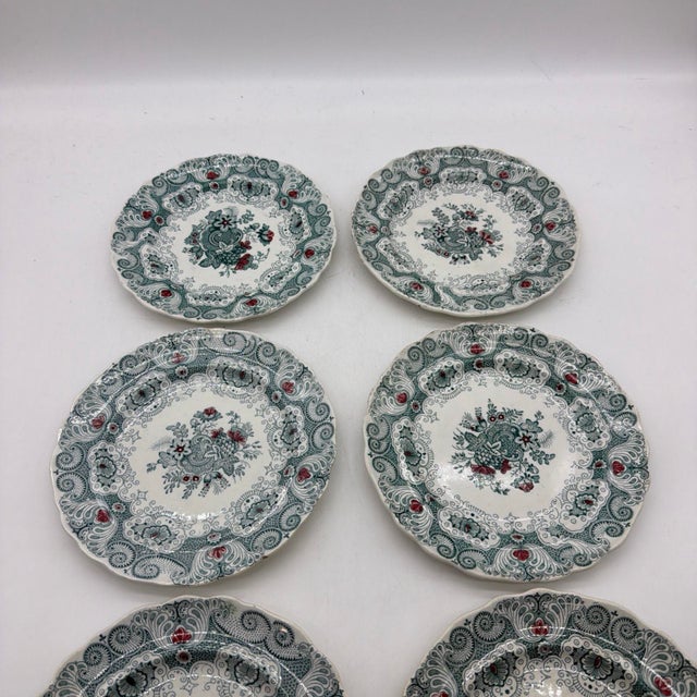 Early 19th Century Set of 6 Antique English Adams Green & Red Transferware "Jacobean" Plates For Sale - Image 5 of 12