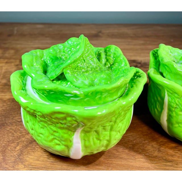Italian Vintage Green Cabbage Lidded Pottery Bowls - a Pair For Sale - Image 3 of 9