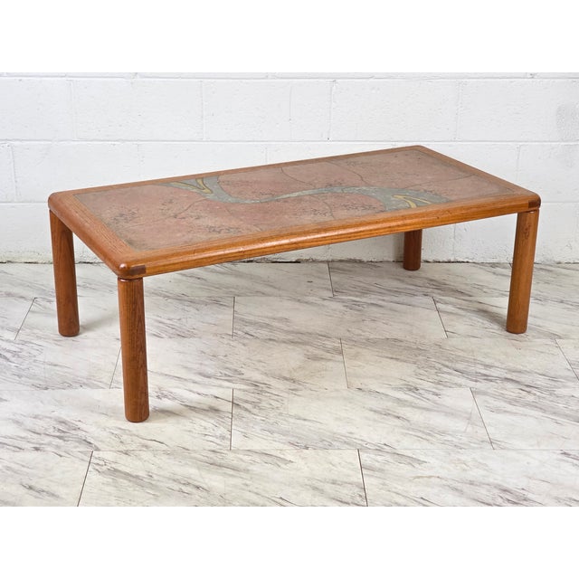 Handsome & Sturdy Danish Modern Teak Coffee Table With Mosaic Tile Top & Brass Accents.