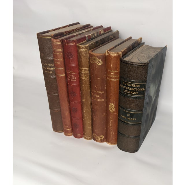 English Antique Scandinavian Library Set of 7 – Brown, Burgundy & Cognac Leather Books For Sale - Image 3 of 16
