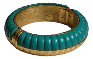 1980s Kenneth Jay Lane Teal Enamel and Gold Bangle