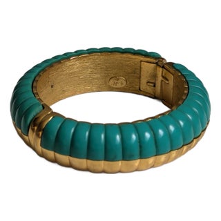 80's Kenneth Jay Lane Teal Enamel and Gold Bangle For Sale