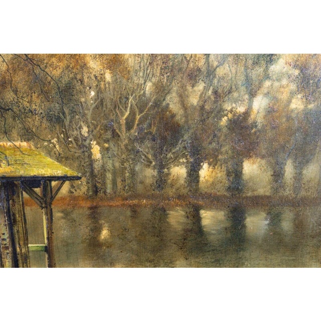 Textile 1975 Signed Etang at Sologne French Landscape Oil on Canvas Painting by Marc Capaud For Sale - Image 7 of 10