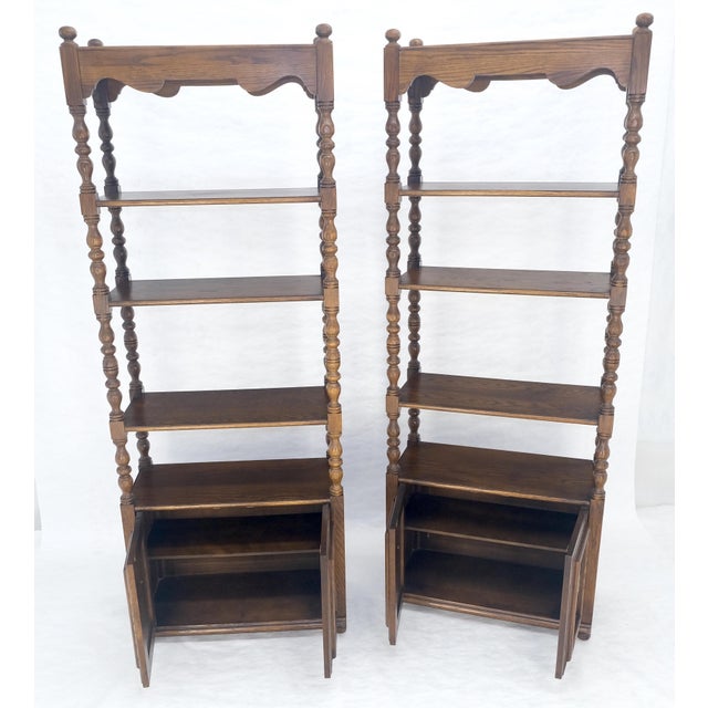 Pair of Solid Oak Spanish Colonial Etageres Shelves w/ Storage Cabinets & Finial For Sale - Image 15 of 17