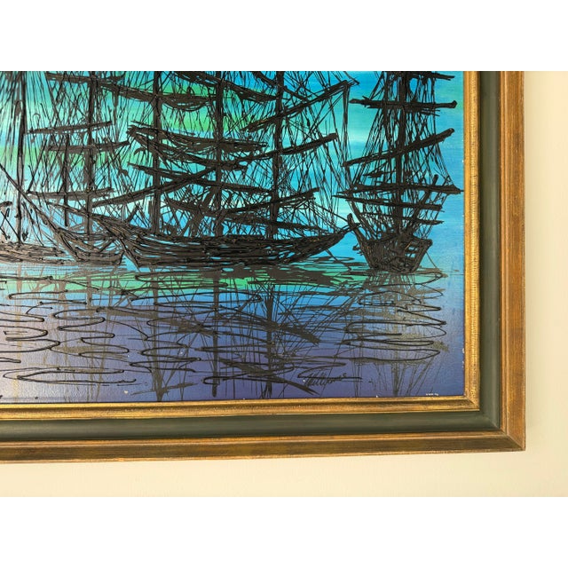 Blue 1970s Mid-Century Modern Harbor Boats Landscape Acrylic Painting on Board, Signed For Sale - Image 8 of 12