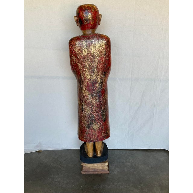 Vintage Buddha Buddhist Carved Wood Burmese Thai Monk Statue For Sale - Image 9 of 11