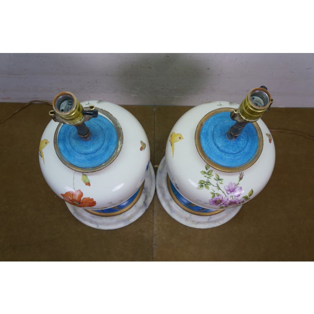 2 Antique French Floral Painted Butterfly Ginger Jar Mantel Urn Lamps Pair 34" For Sale - Image 11 of 18