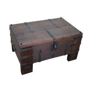 Rustic Spanish Style Iron Strap Hinge Lidded Chest For Sale