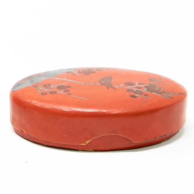 Vintage Bird Motif Paper Mâché Red Pillbox For Sale - Image 4 of 13