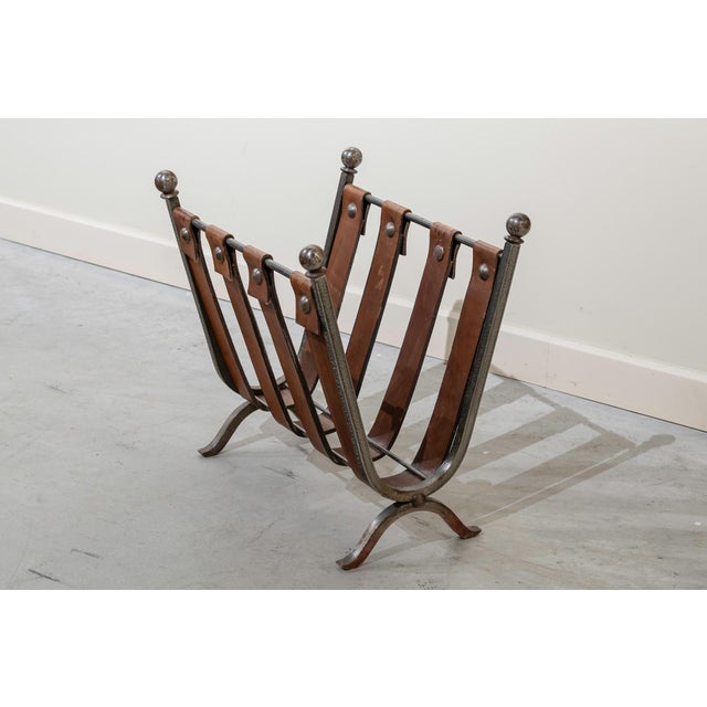 Mid-Century French Iron and Leather Magazine Rack, 1950s For Sale - Image 6 of 6
